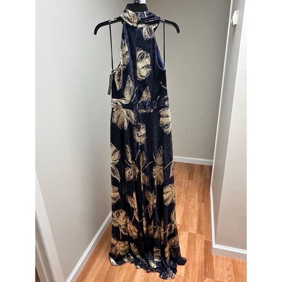 NEW NWT Betsy & Adam Women's Metallic-Print Halter Gown size 10 Navy Gold - Picture 5 of 7